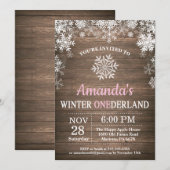 Winter Onederland Snowflake Pink Girl 1ste verjaar Kaart (Voorkant / Achterkant)