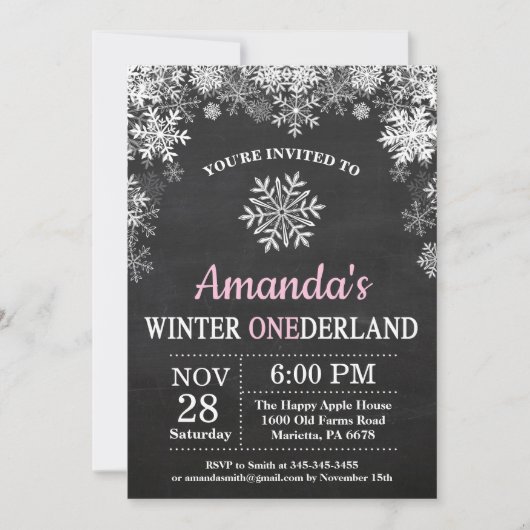 Winter Onederland Snowflake Pink Girl 1ste verjaar Kaart (Voorkant)