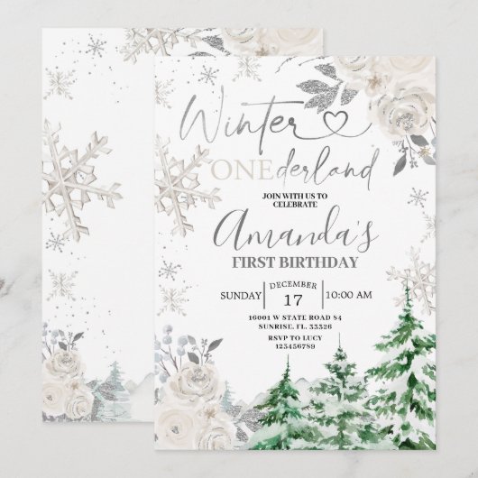Winter Onederland Snowflake White Floral Birthday Kaart (Voorkant / Achterkant)