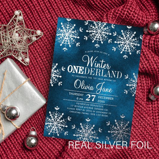 Winter Onederland snowflakes first birthday party Folie Uitnodiging