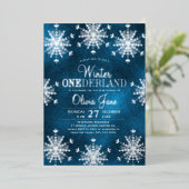 Winter Onederland snowflakes first birthday party Folie Uitnodiging (Staand Voorkant)