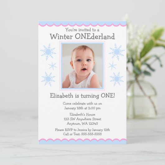 Winter Onederland Snowflakes Foto Birthday Party Kaart (Staand voorkant)
