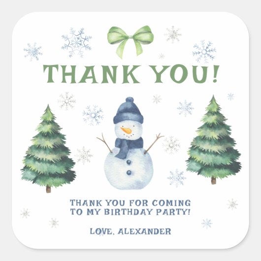 Winter Onederland Snowman Birthday Thank You Vierkante Sticker (Voorkant)