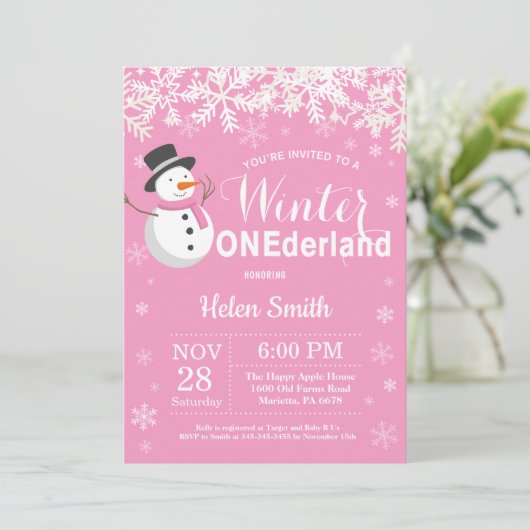 Winter Onederland Snowman Girl 1ste verjaardag Kaart (Staand voorkant)