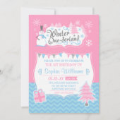 Winter Onederland Snowman Pink Blue 1e verjaardag Kaart (Voorkant)