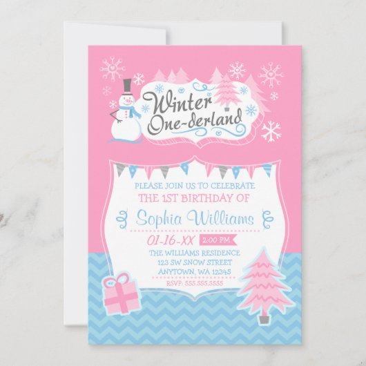 Winter Onederland Snowman Pink Blue 1e verjaardag Kaart (Voorkant)