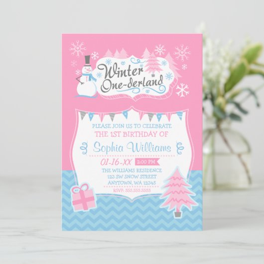 Winter Onederland Snowman Pink Blue 1e verjaardag Kaart (Staand voorkant)