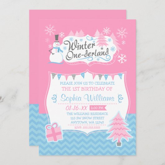 Winter Onederland Snowman Pink Blue 1e verjaardag Kaart (Voorkant / Achterkant)