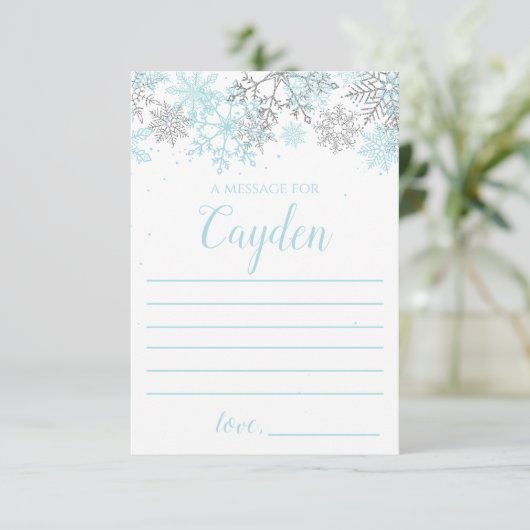 Winter Onederland Tijdcapsule bericht blauw zilver Informatiekaartje (Staand voorkant)