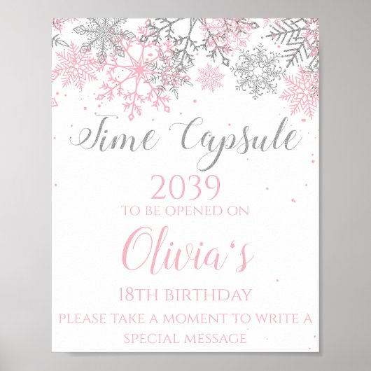 Winter ONEderland Tijdcapsule Bord Roze Zilver Poster (Voorkant)