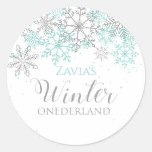 Winter Onederland Turquoise Zilver Eerste Verjaard Ronde Sticker