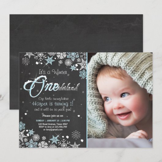 Winter Onederland: Uitnodiging blauw wit (Voorkant / Achterkant)