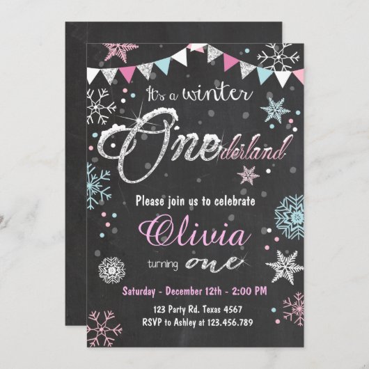 Winter Onederland: Uitnodiging Girl (Voorkant / Achterkant)