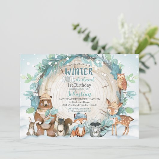 Winter Onederland Uitnodiging Jongen Bos (Staand voorkant)