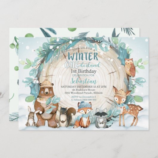 Winter Onederland Uitnodiging Jongen Bos (Voorkant / Achterkant)