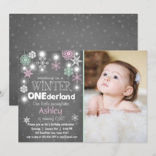 Winter Onederland: Uitnodiging om Mint roze (Voorkant / Achterkant)