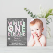 Winter Onederland: Uitnodiging om Mint roze (Staand voorkant)