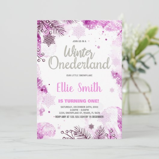 Winter ONEderland Uitnodigingen Sneeuw Zilver Glit (Staand voorkant)