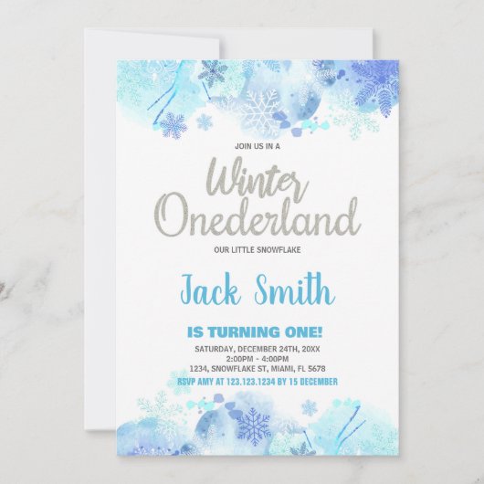 Winter ONEderland Uitnodigingen Sneeuw Zilver Glit (Voorkant)