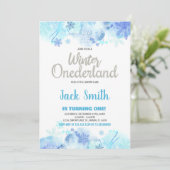 Winter ONEderland Uitnodigingen Sneeuw Zilver Glit (Staand voorkant)