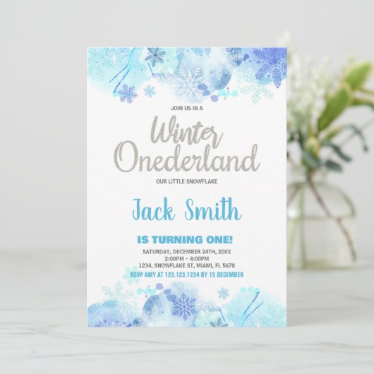 Winter ONEderland Uitnodigingen Sneeuw Zilver Glit (Staand voorkant)