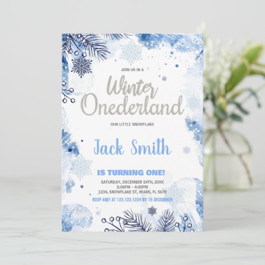 Winter ONEderland Uitnodigingen Zilver Glitter Bla (Staand voorkant)