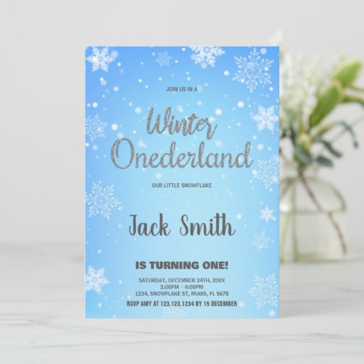 Winter ONEderland Uitnodigingen Zilver Zwart (Staand voorkant)