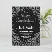 Winter ONEderland Uitnodigingen Zwart Zilver (Staand voorkant)