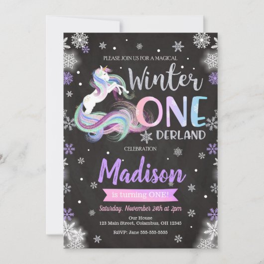 Winter ONEderland Unicorn 1e verjaardag Uitnodigin Kaart (Voorkant)