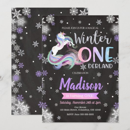 Winter ONEderland Unicorn 1e verjaardag Uitnodigin Kaart (Voorkant / Achterkant)