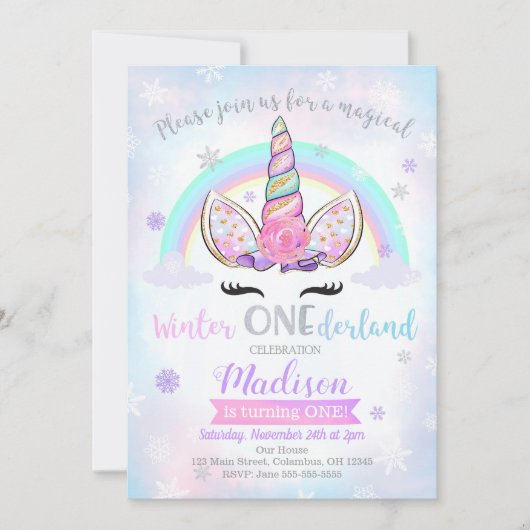 Winter ONEderland Unicorn Birthday Uitnodiging (Voorkant)