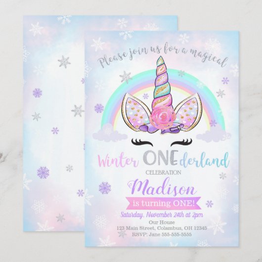 Winter ONEderland Unicorn Birthday Uitnodiging (Voorkant / Achterkant)