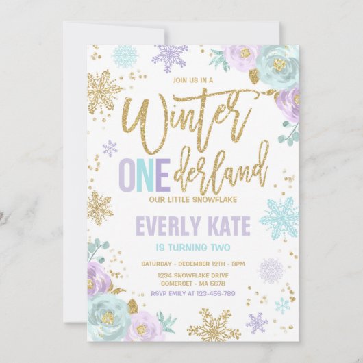 Winter ONEderland Verjaardag Gouden Paarse Sneeuwv Kaart (Voorkant)