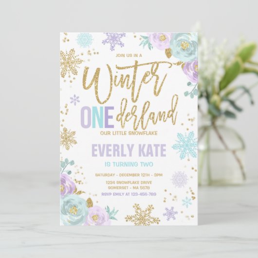 Winter ONEderland Verjaardag Gouden Paarse Sneeuwv Kaart (Staand voorkant)