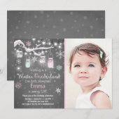 Winter Onederland verjaardag: Mint roze lichten Kaart (Voorkant / Achterkant)