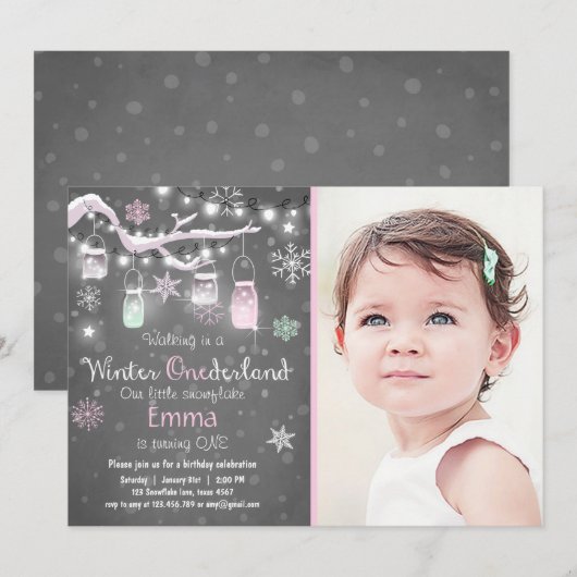 Winter Onederland verjaardag: Mint roze lichten Kaart (Voorkant / Achterkant)