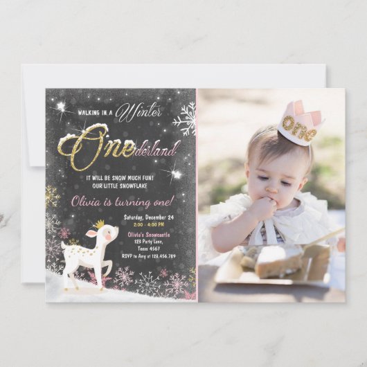 Winter Onederland verjaardag: Roze gouhert Kaart (Voorkant)