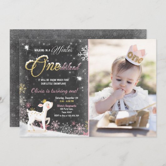 Winter Onederland verjaardag: Roze gouhert Kaart (Voorkant / Achterkant)