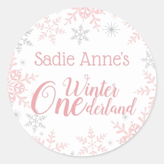 Winter ONEderland Verjaardag Roze Zilver Glitter Ronde Sticker (Voorkant)