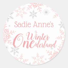 Winter ONEderland Verjaardag Roze Zilver Glitter Ronde Sticker