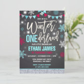 Winter ONEderland Verjaardag Uitnodiging blauw & r (Staand voorkant)