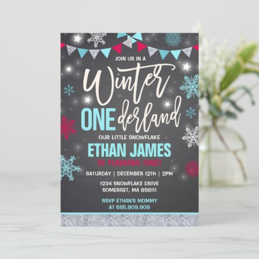Winter ONEderland Verjaardag Uitnodiging blauw & r (Staand voorkant)