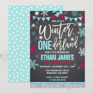 Winter ONEderland Verjaardag Uitnodiging blauw & r