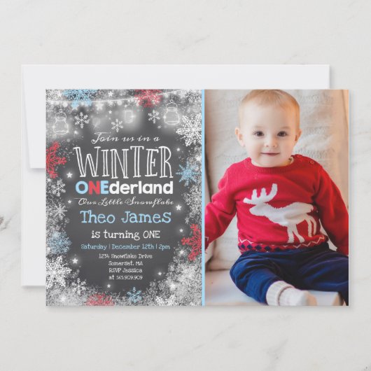 Winter ONEderland Verjaardag Uitnodiging Blauw Roo (Voorkant)