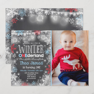 Winter ONEderland Verjaardag Uitnodiging Blauw Roo