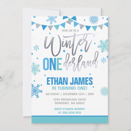 Winter ONEderland Verjaardag Uitnodiging Blauw & W (Voorkant)