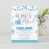Winter ONEderland Verjaardag Uitnodiging Blauw & W (Staand voorkant)