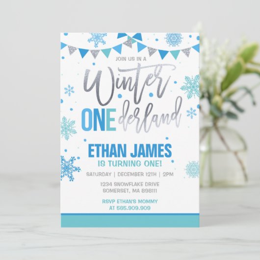 Winter ONEderland Verjaardag Uitnodiging Blauw & W (Staand voorkant)
