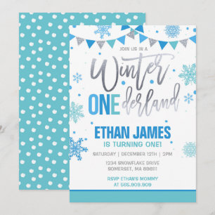 Winter ONEderland Verjaardag Uitnodiging Blauw & W