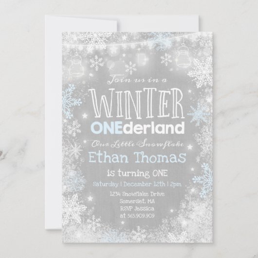 Winter ONEderland Verjaardag Uitnodiging Blauw Wit (Voorkant)